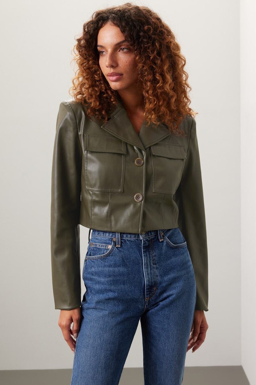Saunders Collective Sz 10 Faux Leather Army Green Cropped Moto Jacket